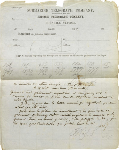 Télégramme de Pélissier à Alexandre I Walewski - Patrimoine Charles-André COLONNA WALEWSKI, en ligne directe de Napoléon