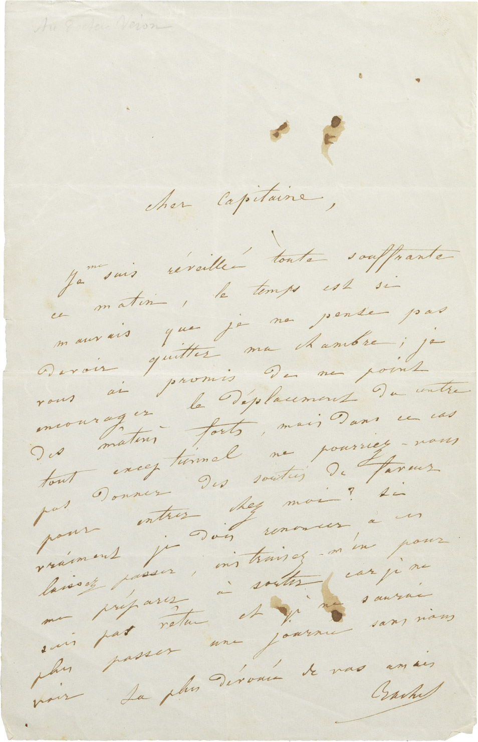 Lettre de Rachel au Dr Véron - Patrimoine Charles-André COLONNA WALEWSKI, en ligne directe de Napoléon