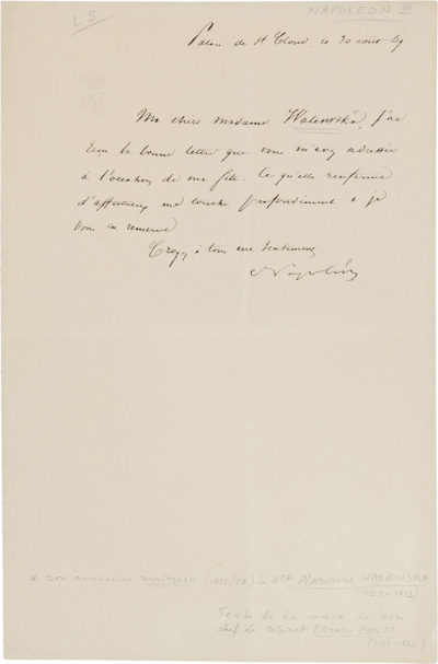 Lettre de Napoléon III à la comtesse Walewska - Patrimoine Charles-André COLONNA WALEWSKI