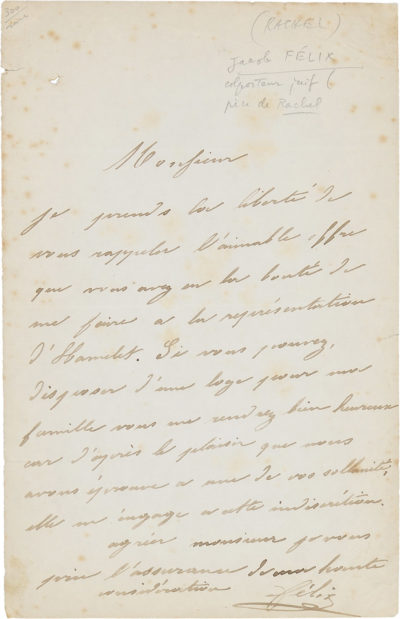 Lettre de Jacob Félix - Patrimoine Charles-André COLONNA WALEWSKI, en ligne directe de Napoléon