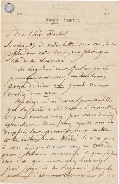 Lettre d'Arsène Houssaye à Rachel - Patrimoine Charles-André COLONNA WALEWSKI, en ligne directe de Napoléon