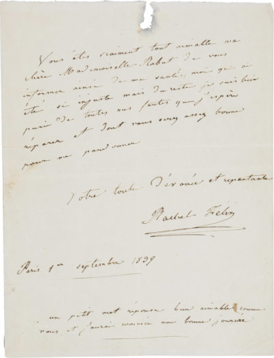 Lettre de Rachel à Mademoiselle Rabut - Patrimoine Charles-André COLONNA WALEWSKI, en ligne directe de Napoléon