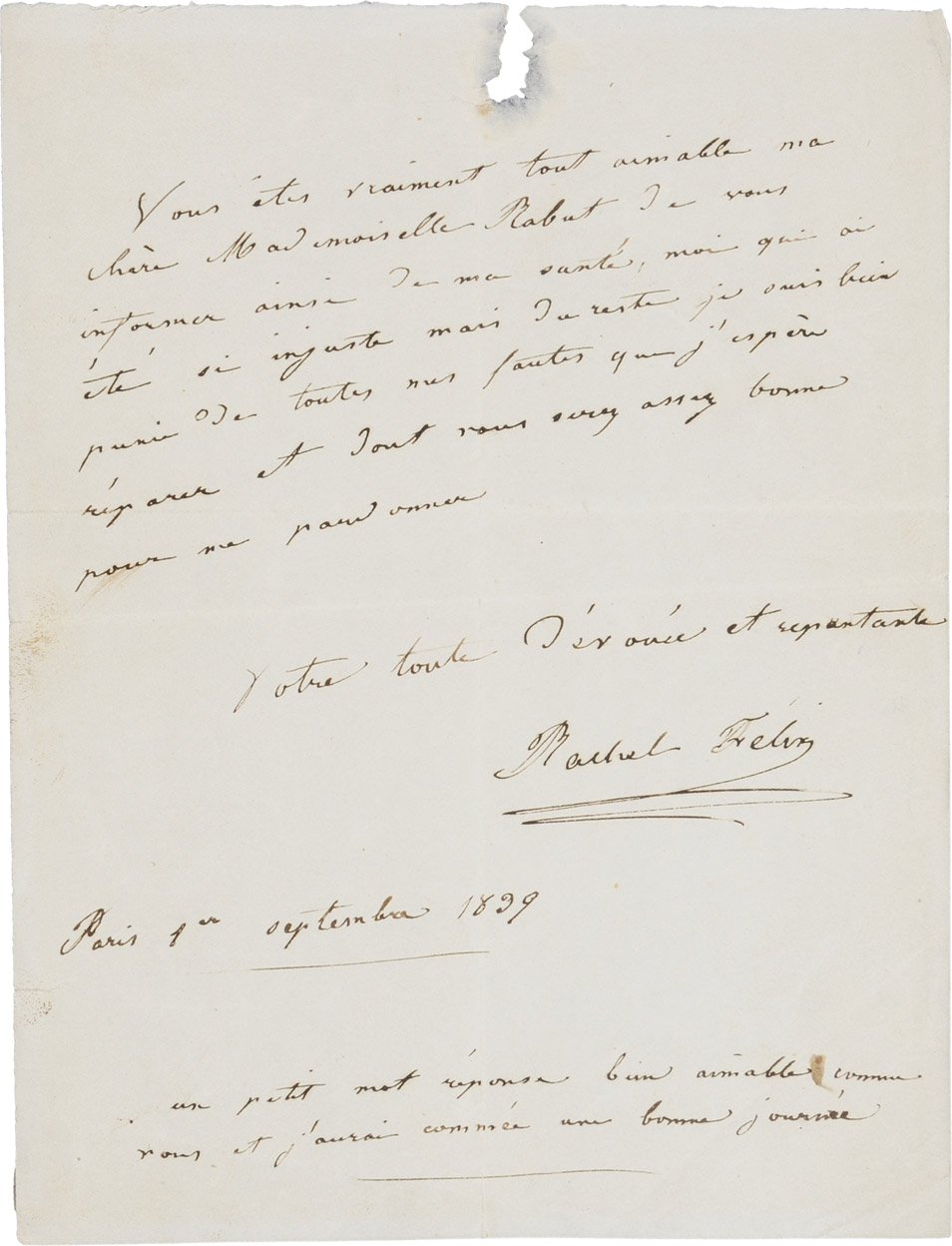 Lettre de Rachel à Mademoiselle Rabut - Patrimoine Charles-André COLONNA WALEWSKI, en ligne directe de Napoléon
