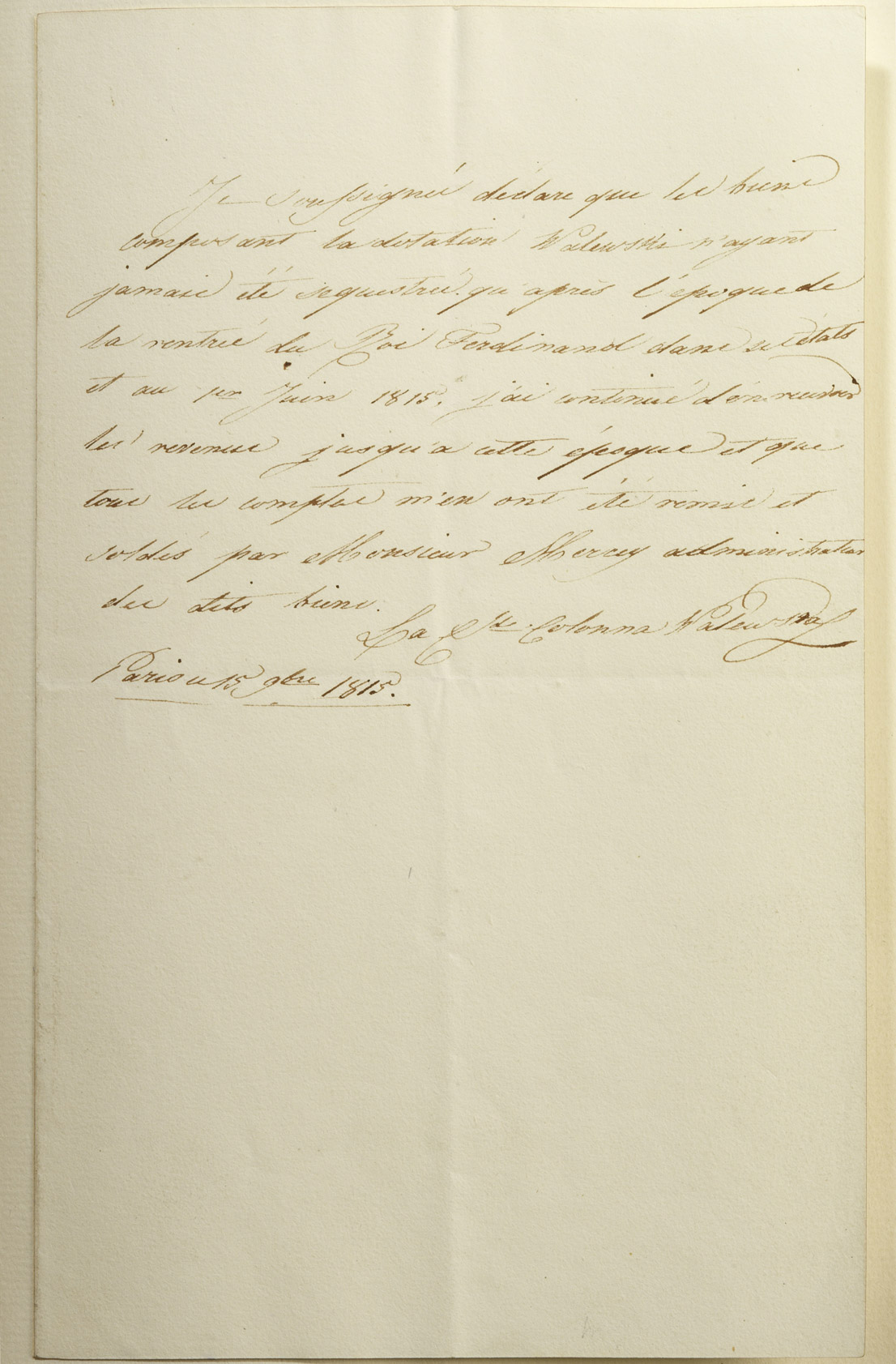 Déclaration de Marie Walewska concernant la dotation Walewski - Patrimoine Charles-André COLONNA WALEWSKI, en ligne directe de Napoléon